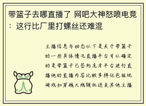 带篮子去哪直播了 网吧大神怒喷电竞：这行比厂里打螺丝还难混